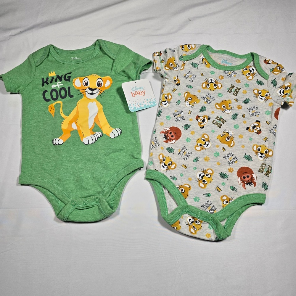 Disney 6-0mo Baby Lion King Simba 2 Pack Bodysuits Green Grey King of Cool NWT